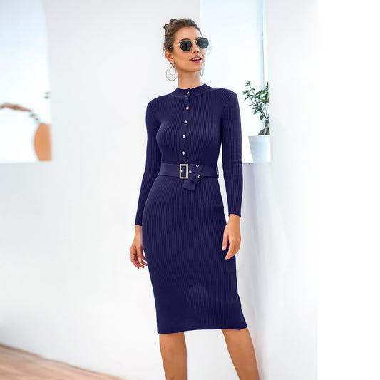 Long Sleeve Knitted Sweater Dress - Navy Blue
