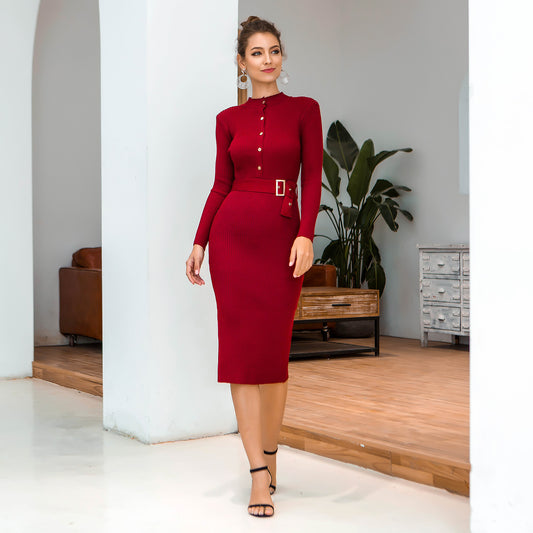 Long Sleeve Knitted Sweater Dress - Burgundy