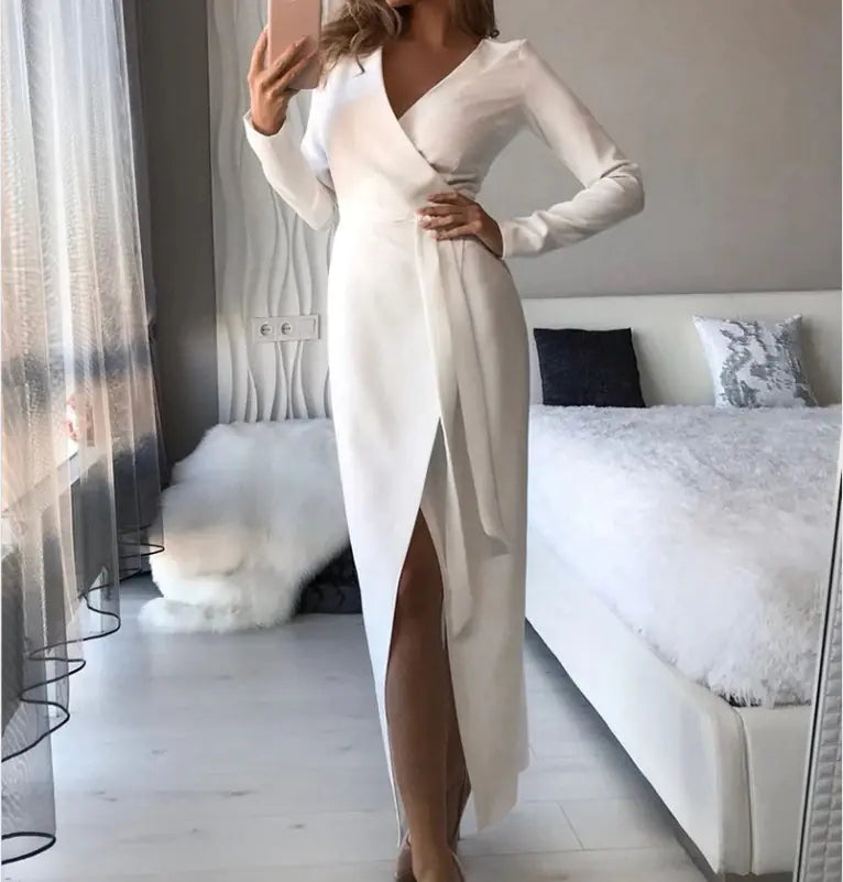 V-Neck Long Sleeve Dress - White