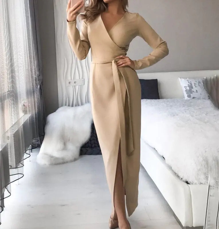 V-Neck Long Sleeve Dress - Apricot