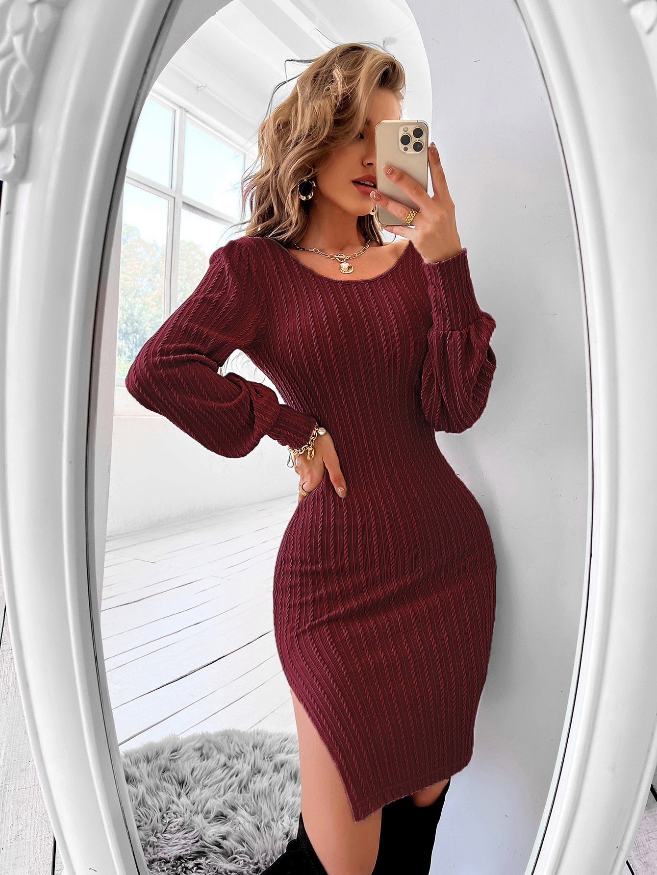 Skinny Knit Dress - Wine Red