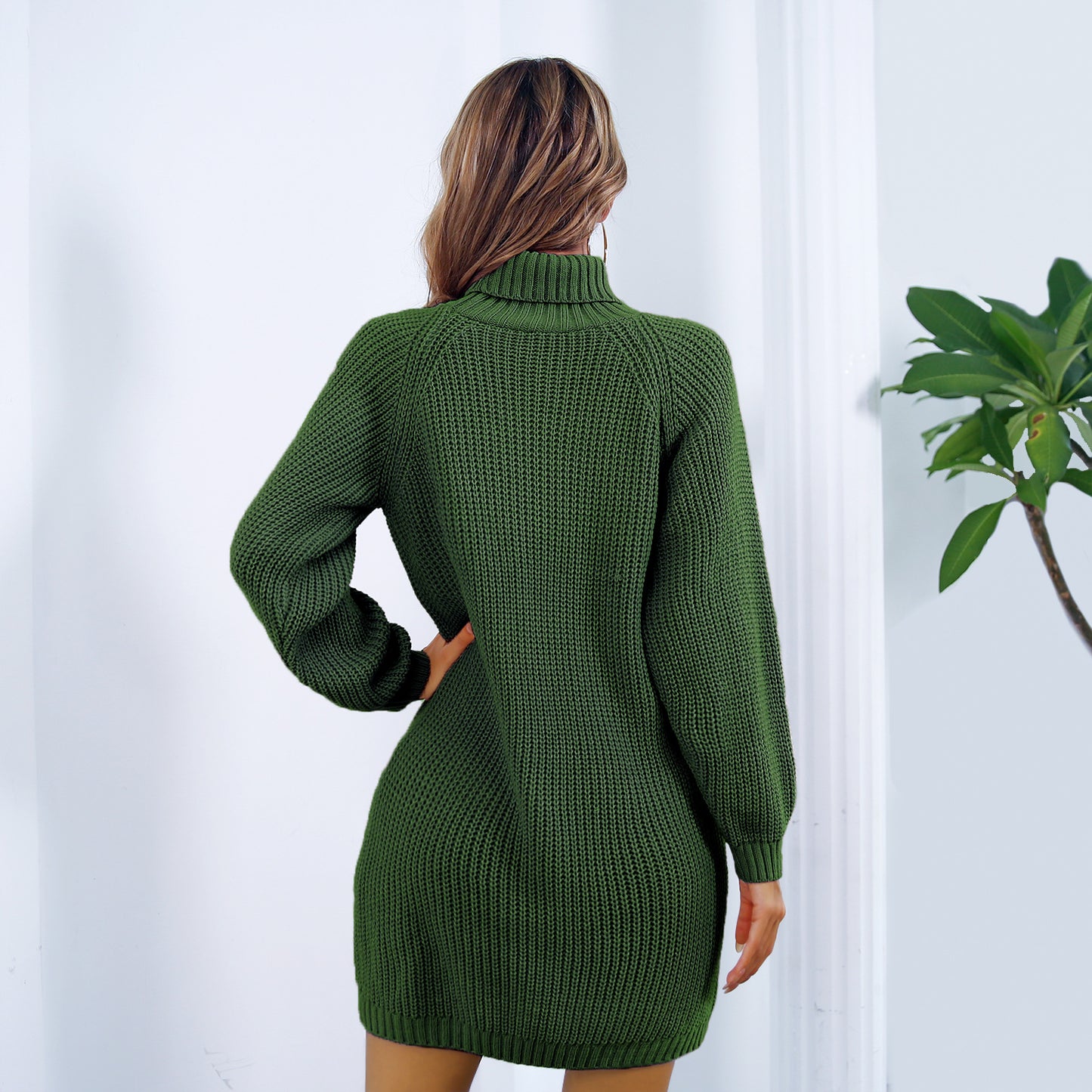 Turtleneck Long Sweater Dress - Army Green